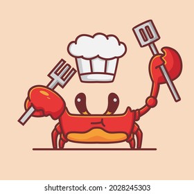 cute crab holding a spatula chef hat. cartoon animal food concept Isolated illustration. Flat Style suitable for Sticker Icon Design Premium Logo vector. Mascot Character