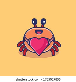 cute crab illustration with affection love symbols, premium character illustration, cartoon style illustration.