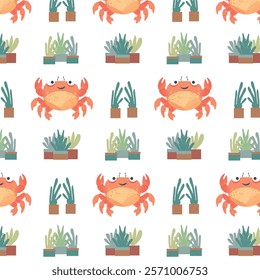 Cute crab with indoor plants seamless pattern on white background in flat style,Cartoon crab with happy smile vector hand drawn pattern, seafood, restaurant backdrop concept