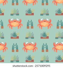 Cute crab with indoor plants seamless pattern on mint background in flat style,Cartoon crab with happy smile vector hand drawn pattern, seafood, restaurant backdrop concept