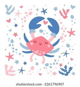 Cute crab isolated with marine elements. Kind illustration for a postcard.