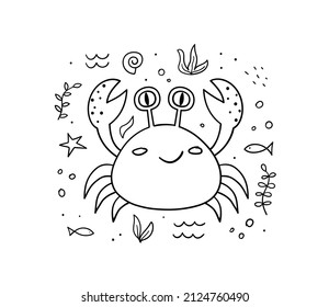 Ilustración vectorial lineal de cangrejo. Estilo de dibujo de Doodle.