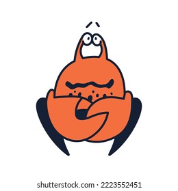 A cute crab looks pleadingly, pressing its claws to its chest. Brand character for product presentation. Ingredient for the culinary menu. Seafood delicacy. Flat cartoon graphic style illustration