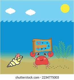 Cute Crab with a Map under the Sea Illustration