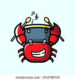 Cute Crab Music Mascot Vector Illustration Cartoon Design. With Crab Playing Drum. Recomended For Children Book Character, Cover Book, Cafe MAscot, And Other. Cute, FUn, Happy, Design Style.