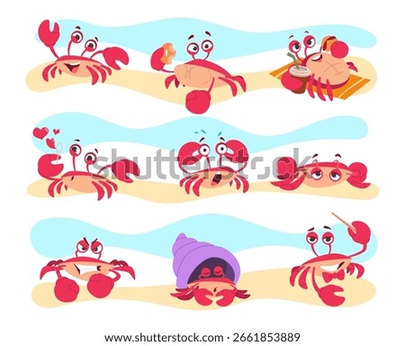 Cute crab. Ocean character in different poses and various emotions exact vector crab mascot