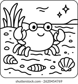 Cute Crab Ocean Scene Line Art Coloring Page