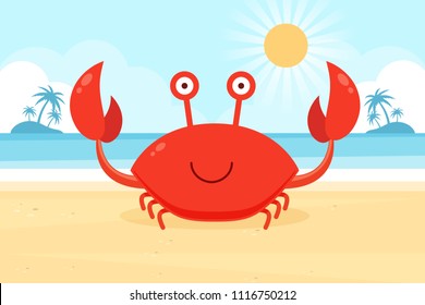 Cute Crab on a Beach. Flat Design Style. 