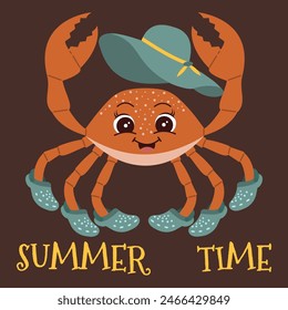 Cute Crab on the beach. Summer time. Cartoon funny illustration of a crab wearing a hat and flip-flops