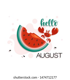 Cute crab on a ripe watermelon. Hello August. Red crab and a slice of red watermelon. The concept of a great holiday and ripe fruit.