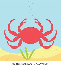 Caranguejo bonito no fundo do mar. Ilustração vetorial.