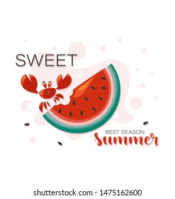 Cute crab on a slice of ripe watermelon. SWEET SUMMER. Fresh red watermelon, red crab and the inscription. The concept of summer zora rest and food.