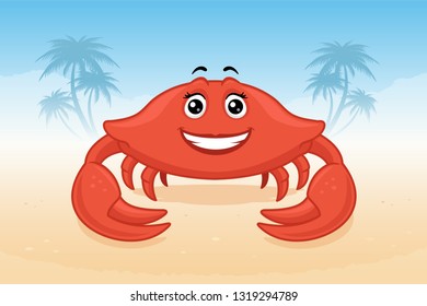 Cute crab on the summer beach vector cartoon illustration