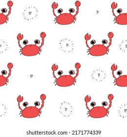 Cute crab pattern line doodle hearts. Seamless background. Textile summer for children. Minimalism paper scrapbook for baby.