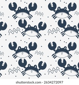 Cute crab pattern in navy blue. Happy Cheerful Crab Parade Seamless pattern Background. Cute Cartoon Crabs pattern. 