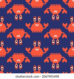 Cute crab pattern seamless. Cartoon crab sea animal background. Baby fabric texture