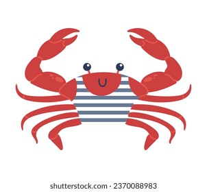 Cute crab sailor in a vest. Childrens cartoon character. Pirate adventures. Vector illustration in flat style. For stickers, posters, postcards, design elements.