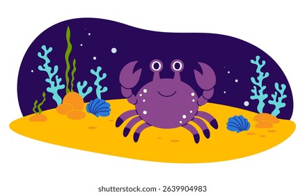 Cute Crab and Sea algae on sandy seabed. Funny tropical Cartoon animal. Underwater seascape landscape. Vector illustration in flat style. Kids collection