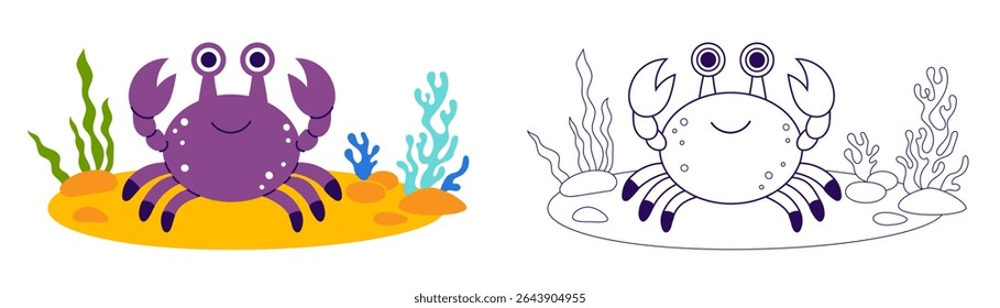 Cute Crab and Sea algae on sandy seabed set. Funny Cartoon animal. Outline and color drawing. Coloring Page. Vector illustration. Kids collection