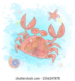 Cute crab in the sea. Marine life.  Vector.