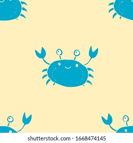 Cute Crab Seamless Pattern, Cartoon Hand Drawn Animal Doodles Vector Illustration Background.