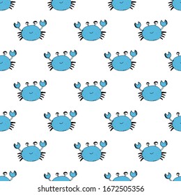 Cute Crab Seamless Pattern, Cartoon Hand Drawn Animal Doodles Vector Illustration Background.