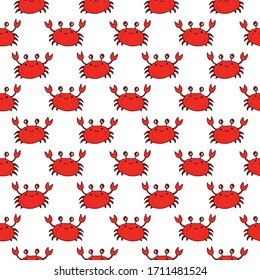 Cute Crab Seamless Pattern, Cartoon Hand Drawn Animal Doodles Vector Illustration Background.