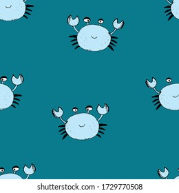 Cute Crab Seamless Pattern, Cartoon Hand Drawn Animal Doodles Vector Illustration Background.