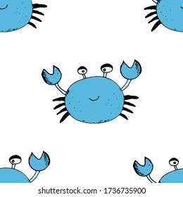 Cute Crab Seamless Pattern, Cartoon Hand Drawn Animal Doodles Vector Illustration Background.