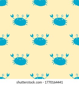 Cute Crab Seamless Pattern, Cartoon Hand Drawn Animal Doodles Vector Illustration Background.