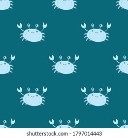 Cute Crab Seamless Pattern, Cartoon Hand Drawn Animal Doodles Vector Illustration Background.