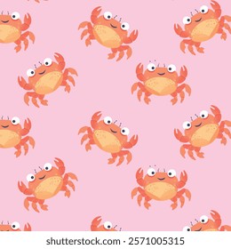 Cute crab seamless pattern on pink background in flat style,Cartoon crab with happy smile vector hand drawn pattern, seafood, restaurant backdrop concept