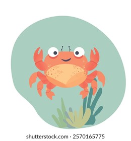 Cute crab with seaweeds,cartoon character vector illustration