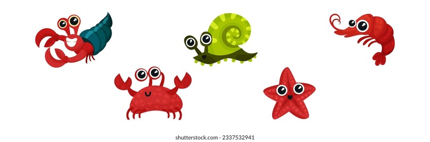 Cute Crab, Shrimp, Lobster, Starfish and Snail as Sea Animal Floating Underwater Vector Set