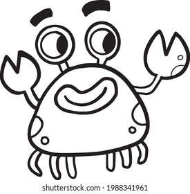 Cute Crab With a smile and big eyes children black and white vector illustration 