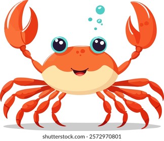 Cute crab with smiling face flat illustration. Adorable funny marine character, tropical underwater crayfish. Vector design isolated on white background