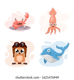cute crab, squid, whale, and owl cartoon vector