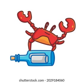 cangrejo lindo parado en el mensaje de la botella. caricatura concepto de naturaleza animal Isolación ilustración. Estilo plano adecuado para el vector de logotipo de diseño de iconos de etiqueta. Carácter mascota