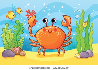 Cute crab stands on a sandy seabed among fish and algae. Vector illustration with sea animal in cartoon style.
