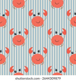 Caranguejo bonito com listras crianças vetor sem emenda padrão. Fundo do mar para têxteis, embalagem, pacote, scrapbooking. Coleção estética de pescadores. 