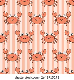 Cute crab summer Seamless Pattern. striped background. Perfect for Prints, Wrapping Paper, Wallpaper, Textiles, Stationery, and Fabric