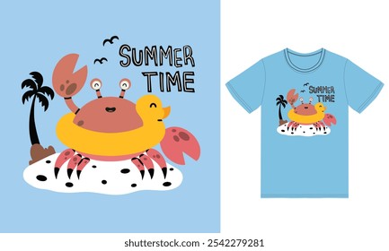 Cute crab summer time illustration with tshirt  vector the Concept of Isolated Technology. Flat Cartoon Style Suitable for Landing Web Pages,T shirt, Flyers, Stickers