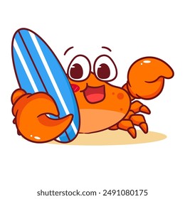 Cute Crab With Surf Board Cartoon Vector Illustration. Adorable Kawaii Animal Character Icon Mascot Concept Design. Isolated White Background.