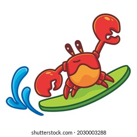 cute crab surfboard big wave in the beach. cartoon animal travel holiday vacation summer concept Isolated illustration. Flat Style suitable for Sticker Icon Design Premium Logo vector. Mascot