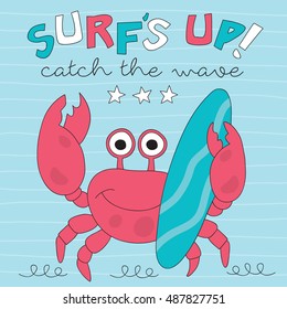 cute crab surfer vector illustration