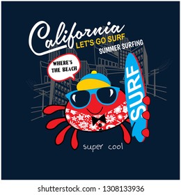 Cute crab surfer, vector print for children wear.