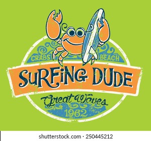 Cute crab surfer, vector print for children wear in custom colors, grunge effect in separate layer.