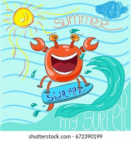 Cute crab surfer, vector print for children wear in custom colors, grunge effect in separate layer. Comic sea character on surfboard. Water sports kid poster