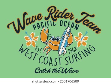 Süße Krabbe Surfer Westküste Welle Rider Team Vektor Print für Sommer Kinder Kleinkind Baby Kleidung T-Shirt Pyjama Sweatshirt