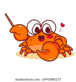 Cute Crab Teacher with Glasses Cartoon Vector Illustration. Adorable Kawaii Animal Character Icon Mascot Concept Design. Isolated White Background.
